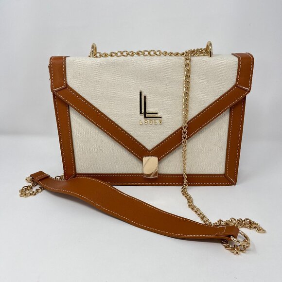 NWOT LouLu Handbag - Canvas Envelope Crossbody Purse White Brown Gold - Picture 1 of 13